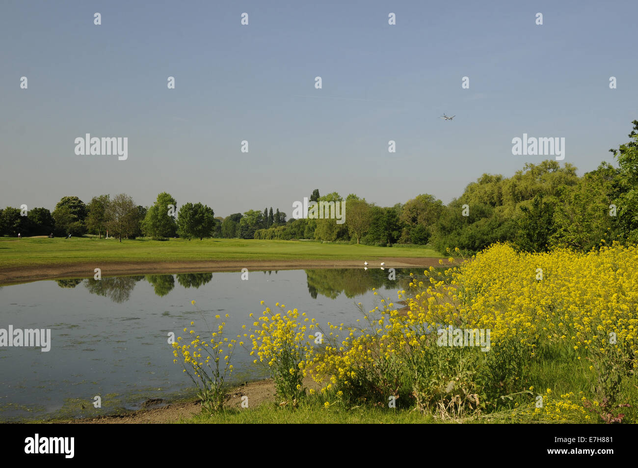 Blick vom 9. Abschlag über Feuchtgebiete Bereich auf J H Taylor Kurs Royal Mid Surrey Richmond Surrey England Stockfoto