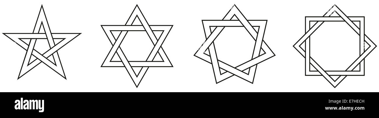 Geometrische Sterne Zahlen Outline - Pentagramm, Hexagramm, Heptagram und octagram Stockfoto