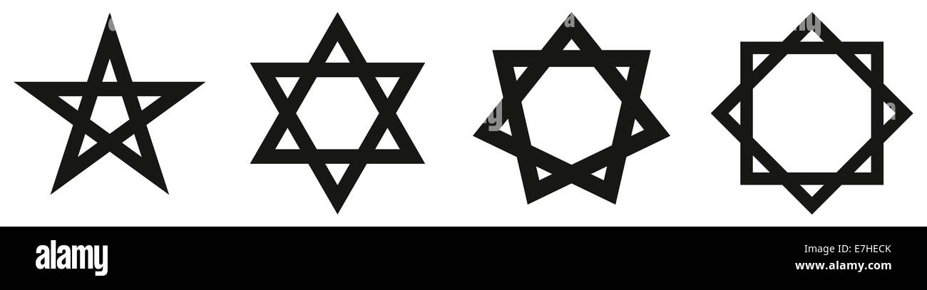 Geometrische Sterne Zahlen schwarz - Pentagramm, Hexagramm, Heptagram und octagram Stockfoto