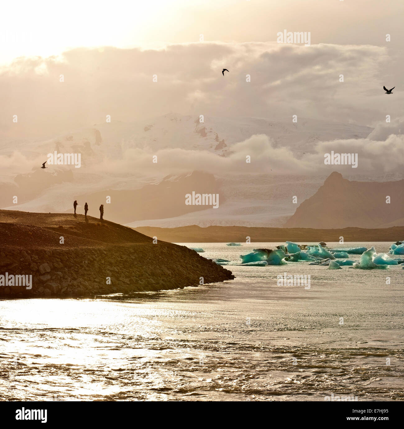 Die Sonne geht über Eisberge in der berühmten Gletscherlagune am Jökulsárlón auf der isländischen Küste schweben. Stockfoto