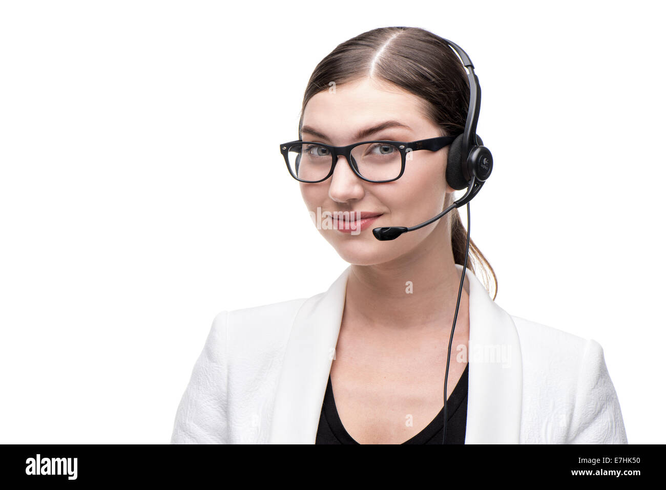 Call Center lächelnde Frau-Betreiber mit Handy Kopfhörer, isoliert Stockfoto