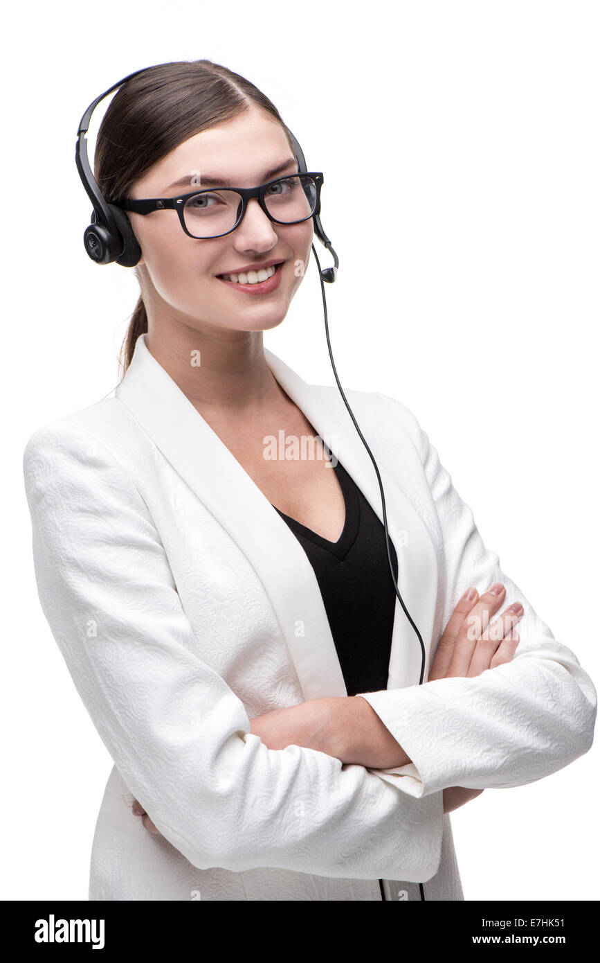 Call-Center-Betreiber mit Handy Kopfhörer lächelnd Stockfoto