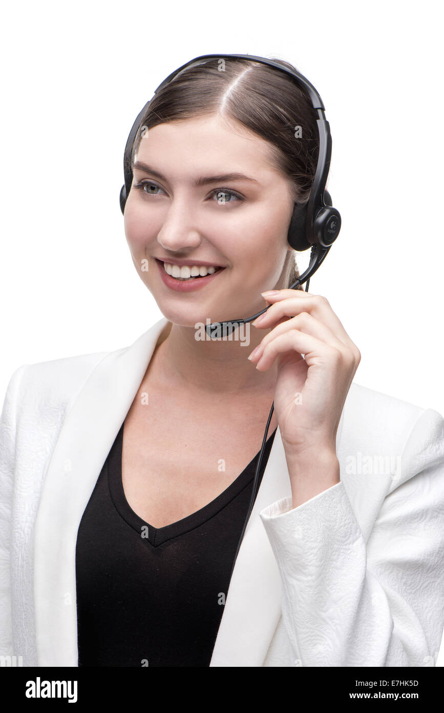 Rufen Sie lächelnden jungen Betreiber mit Handy Kopfhörer, isoliert Stockfoto