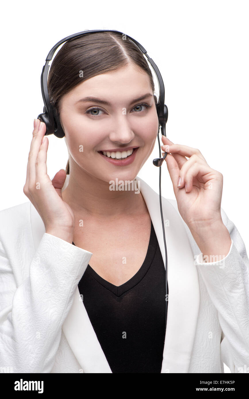 Call-center-lächelnde junge Frau Operator mit Handy Kopfhörer Stockfoto