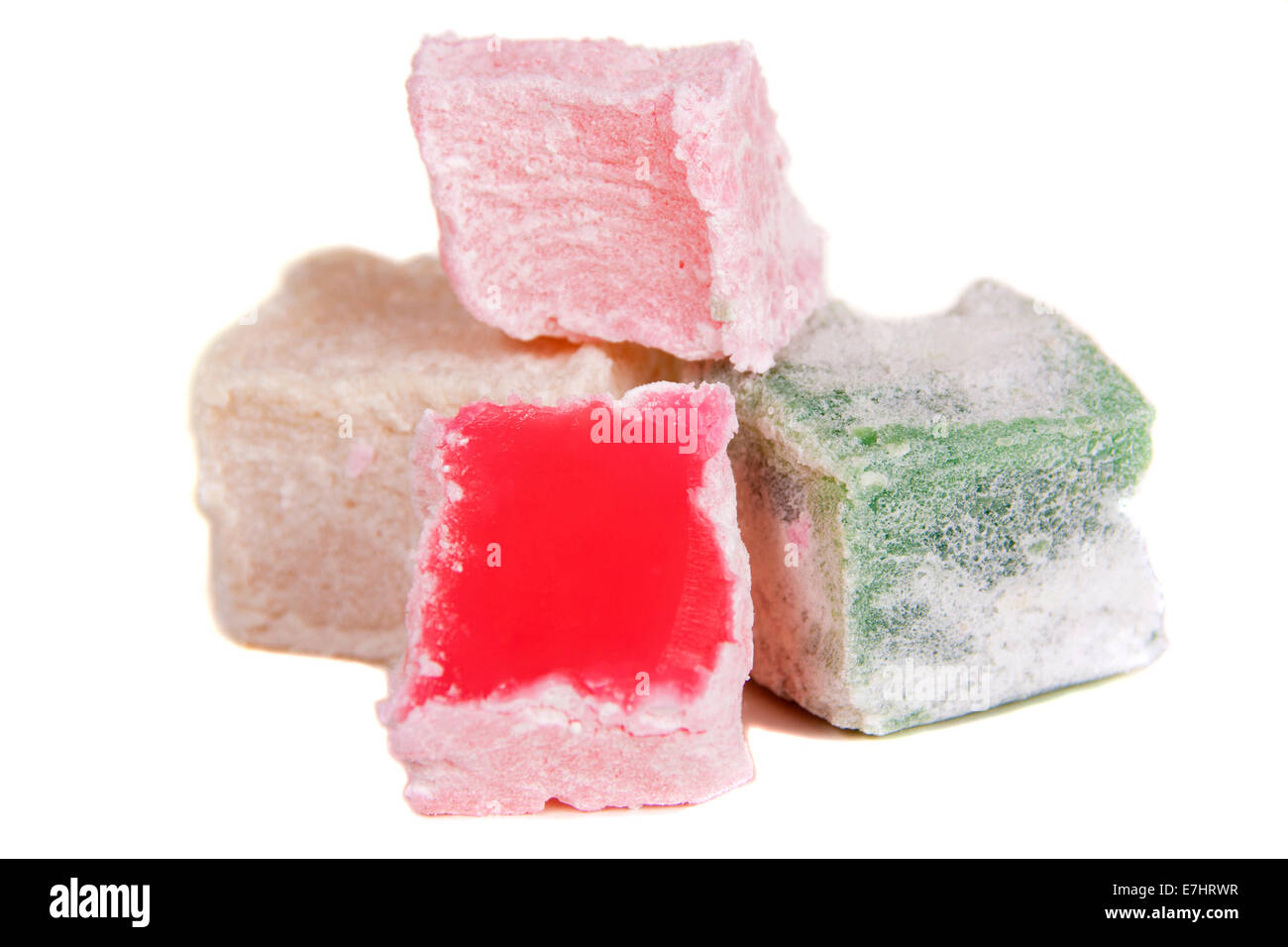 Turkish Delight (Lokum) Konfektion auf weißem Hintergrund Stockfoto