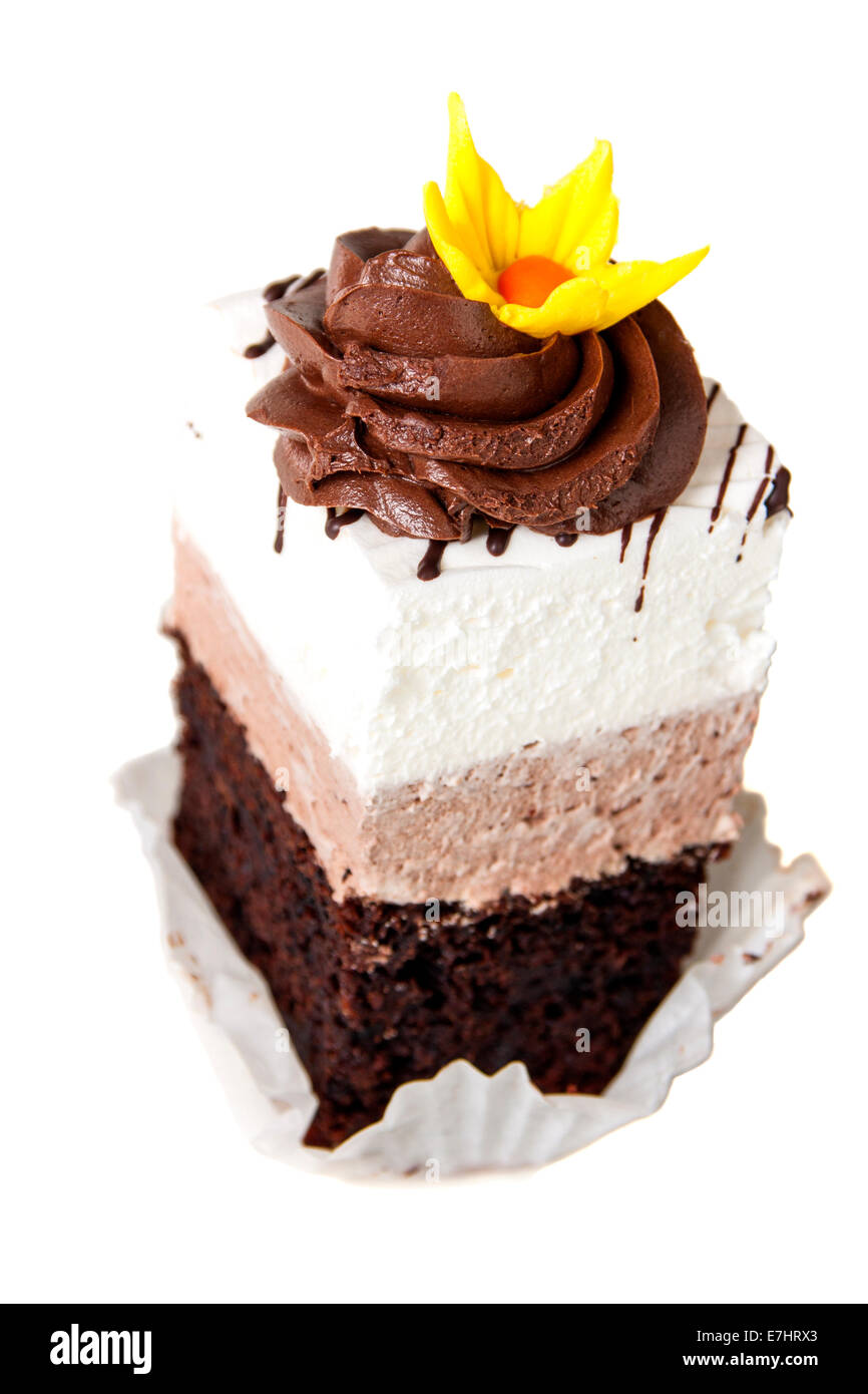 Schokoladenkuchen mit Sahne in weißen Hintergrund isoliert Stockfoto