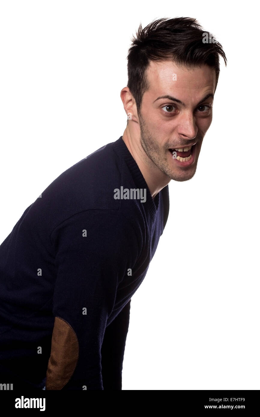 Lustiger Mensch betrachten Sie isoliert auf weißem Hintergrund Stockfoto