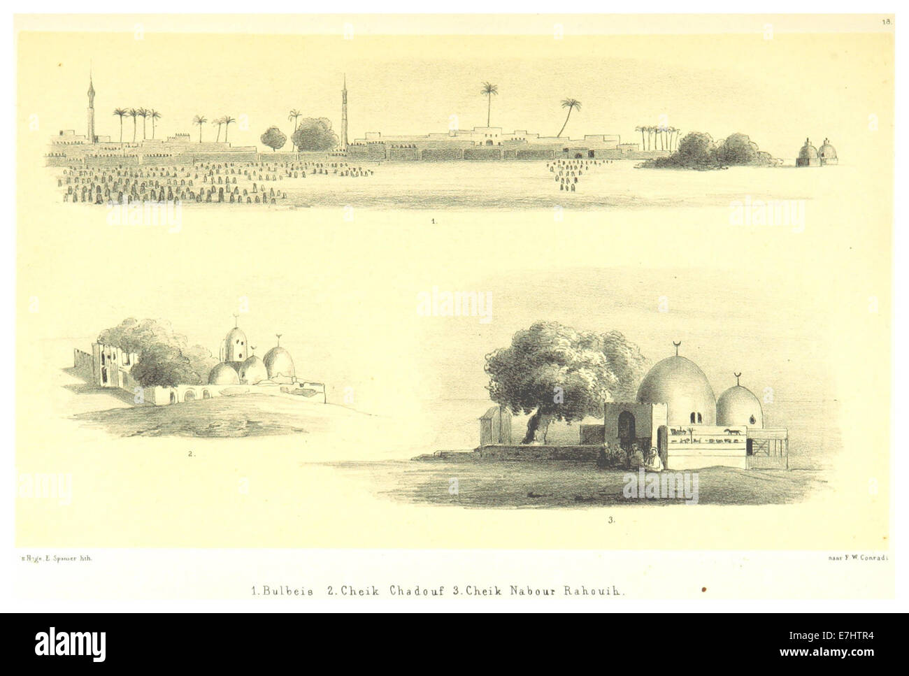 Conrad (1859), S. 377, enthält eine Karte und fotografische Illustration von Bulbeis und Cheik Chadouf, die Einblicke in die Geographie und die Wahrzeichen der Region während des 19. Jahrhunderts sowie eine kurze historische Beschreibung gibt. Stockfoto
