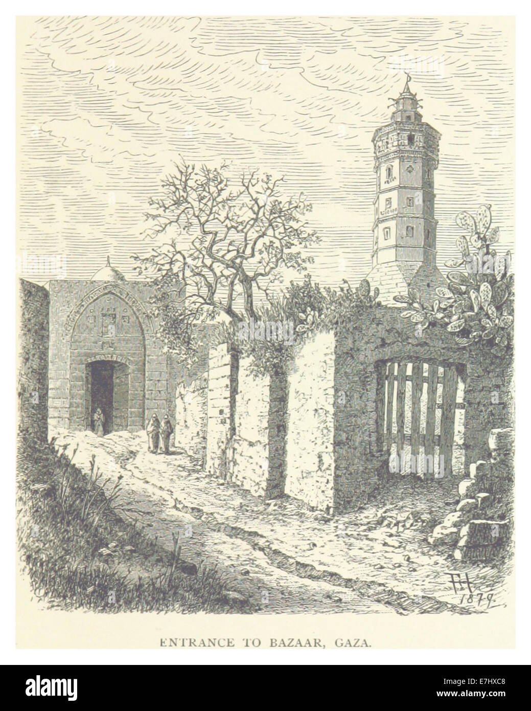 Die 1881 von Hessen-Wartegg gezeigte Illustration zeigt den Eingang zu einem Basar im Gazastreifen und spiegelt die lebendige und vielfältige Marktkultur der Region im späten 19. Jahrhundert wider. Stockfoto