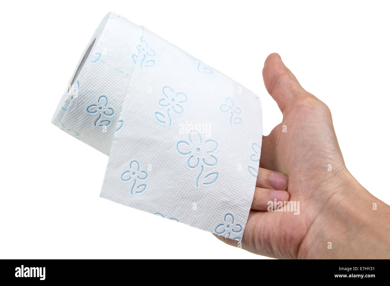 Hand mit WC-Papier isoliert auf weißem Hintergrund Stockfoto