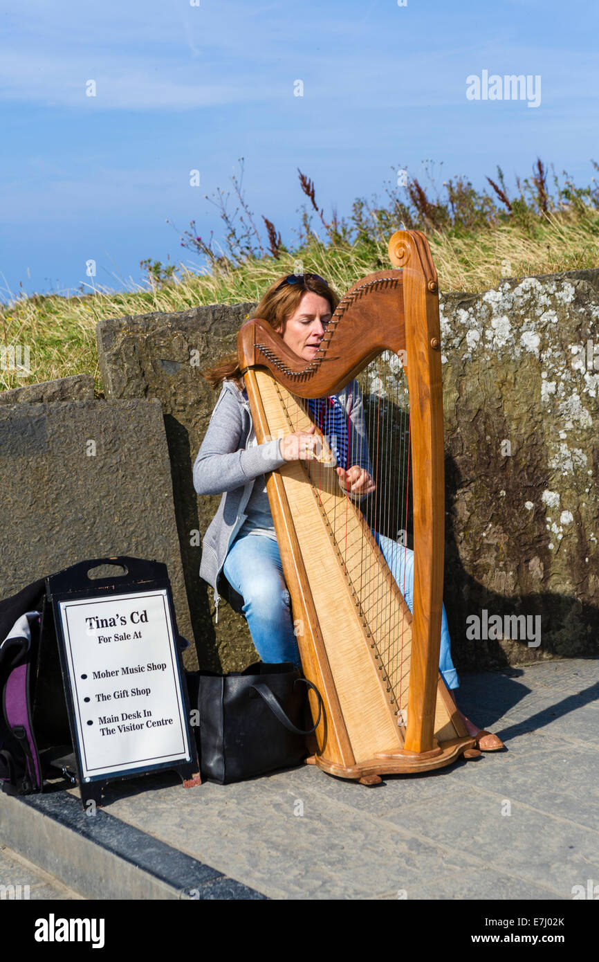 Harfenistin spielen an den Cliffs of Moher, The Burren, County Clare, Irland Stockfoto