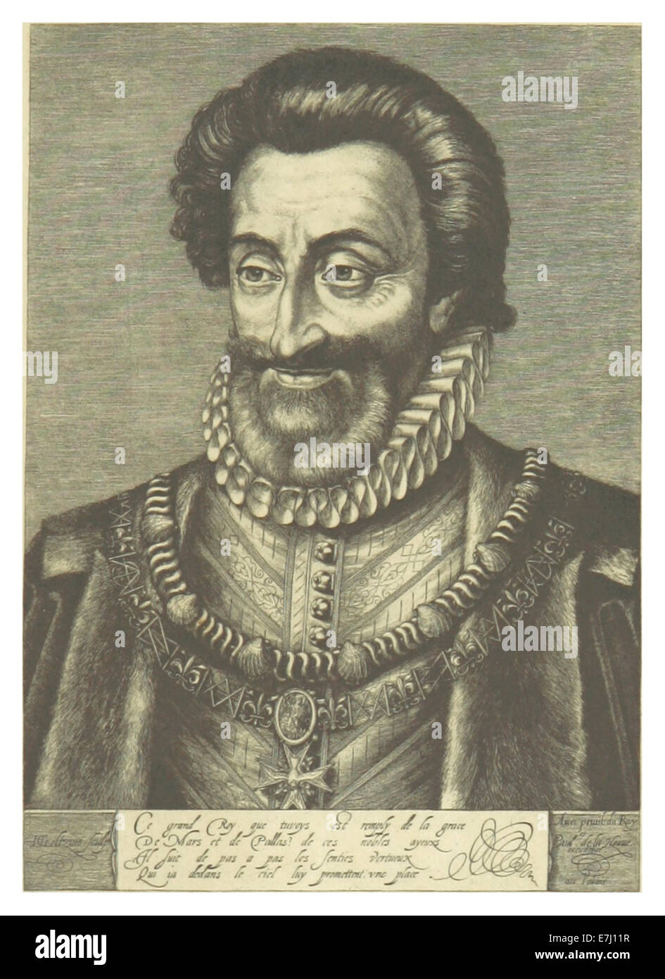 Diese 1898 erschienene Veröffentlichung von Macaulay zeigt eine Darstellung des Königs Heinrich IV. Von Frankreich, die vom niederländischen Kupferstecher Hendrick Goltzius geschaffen wurde und die historische Bedeutung und künstlerische Darstellung des Monarchen veranschaulicht. Stockfoto