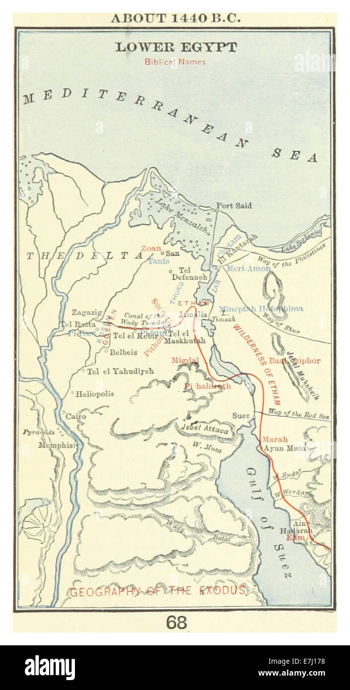 Diese 1899 von Maccoun gefertigte Illustration erforscht die Geschichte Unterägyptens um 1440 v. Chr. und präsentiert anhand von Karten und Zeichnungen eine historische und kulturelle Perspektive. Das Bild beleuchtet die altägyptische Zivilisation und Geographie. Stockfoto