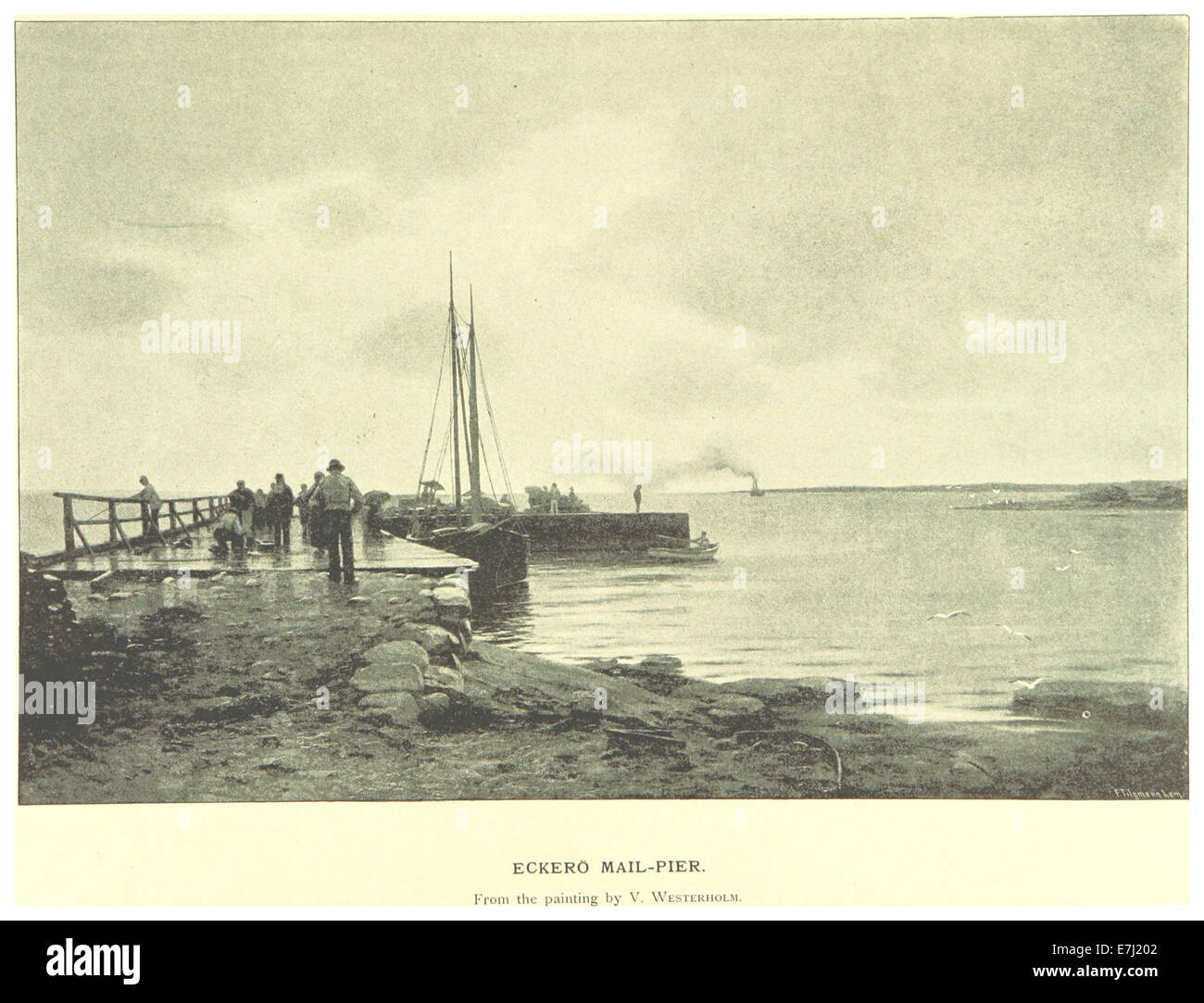 Diese 1894 von Mechelin gezeigte Illustration zeigt den Eckerö Mail-Pier, einen Schiffsanlegestelle in Finnland, der für seine Rolle im Post- und Personenverkehr zwischen Finnland und Schweden im 19. Jahrhundert bedeutsam war. Stockfoto