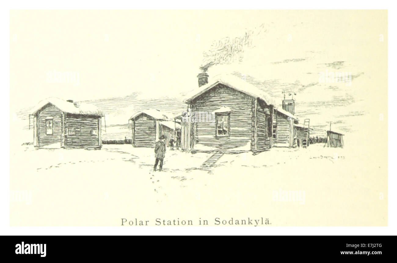 Eine Illustration von Mechelin aus dem Jahr 1894, die eine Polarstation in Sodankylä, Finnland, darstellt und sich auf die raue Umwelt und die wissenschaftliche Forschung in den arktischen Regionen während des späten 19. Jahrhunderts konzentriert. Stockfoto