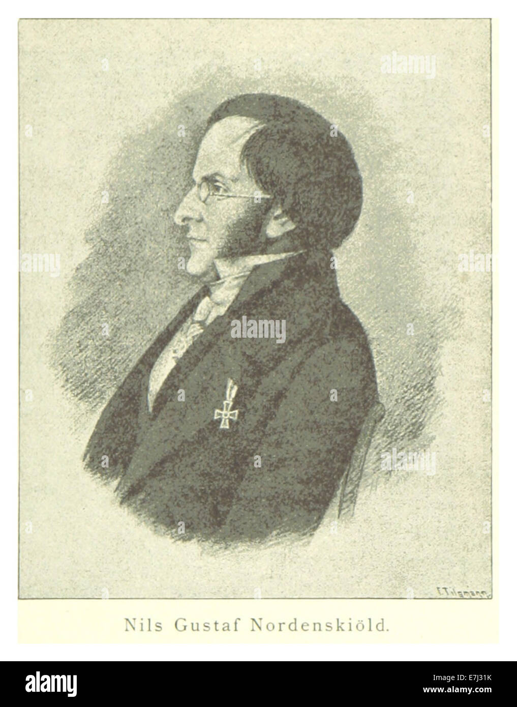 Diese 1894 von Mechelin gezeigte Illustration zeigt Nils Gustaf Nordenskiöld, einen schwedischen Geologen und Polarforscher. Die Arbeit beleuchtet seine Leistungen und Beiträge zur wissenschaftlichen Erforschung des späten 19. Jahrhunderts. Stockfoto