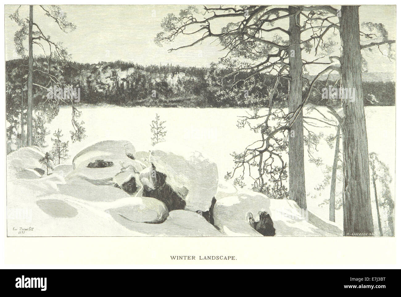 Diese Illustration von Mechelin aus dem Jahr 1894 zeigt eine Winterlandschaft, die die ruhige Schönheit und Stille der Saison mit einem Schwerpunkt auf schneebedecktem Gelände einfängt. Stockfoto