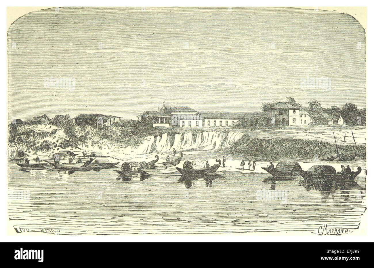 Eine Illustration aus Mulhalls Werk aus dem Jahr 1878, die die Bootsfahrt auf dem Amazonas darstellt und die einzigartigen Transportmethoden in dieser abgelegenen Region Südamerikas betont. Stockfoto