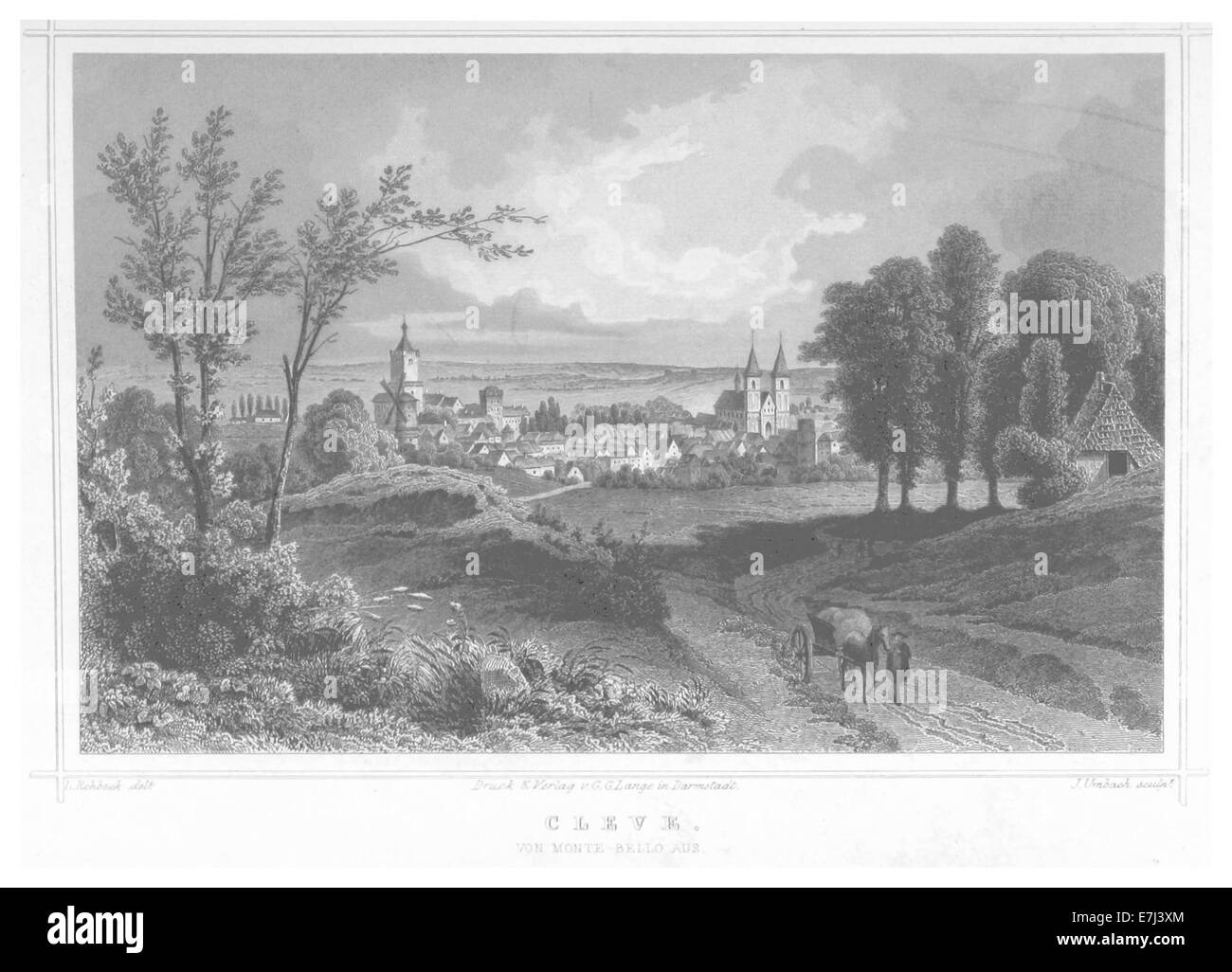 Eine 1852 entstandene Illustration aus Poppels Arbeit über Cleve, die eine Szene oder Karte der Region darstellt, mit begleitendem Text. Die Arbeit spiegelt den historischen und geografischen Kontext der Zeit wider. Stockfoto