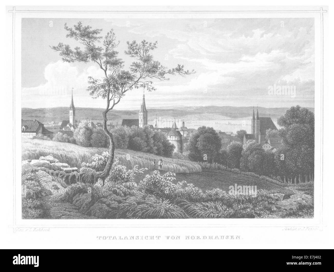 Diese 1852 von Poppel gefertigte Illustration bietet einen umfassenden Blick auf Nordhausen, Deutschland, und zeigt seine Gebäude, Straßen und Umgebung Mitte des 19. Jahrhunderts. Stockfoto