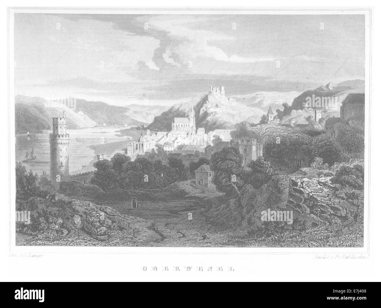 Eine Illustration von Oberwesel aus dem Jahr 1852, einer Stadt in Rheinland-Pfalz, bekannt für ihre mittelalterlichen Bauten, Weinberge und den berühmten Lorelei-Felsen. Diese Zeichnung fängt den Charme der Stadt und die malerische Aussicht ein. Stockfoto
