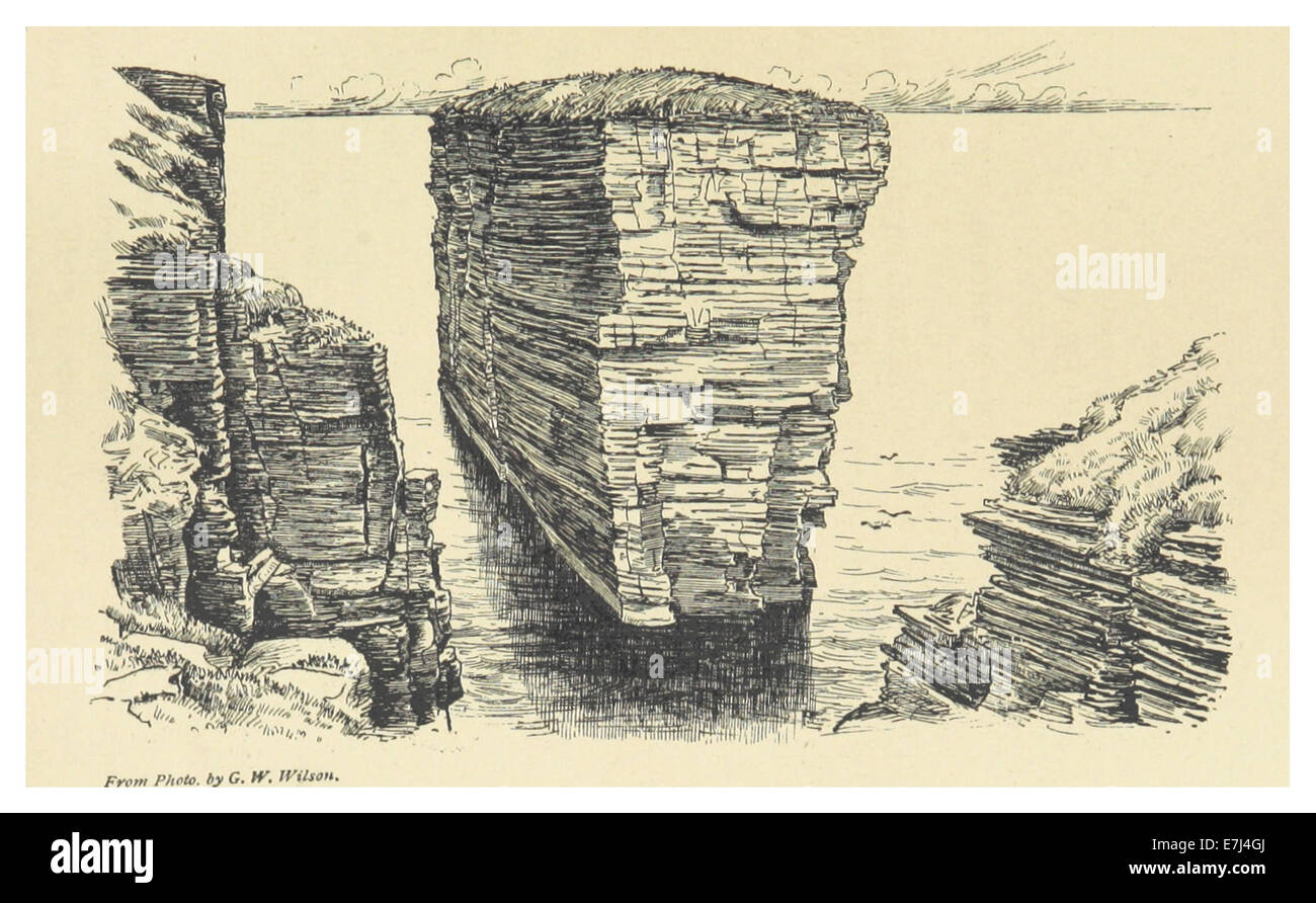 Diese Illustration von Sinclair aus dem Jahr 1890 zeigt den Clett Rock vor der Küste von Thurso, Schottland, ein ikonisches Naturdenkmal, das für seine raue Schönheit bekannt ist und Teil der nördlichen schottischen Landschaft ist. Stockfoto