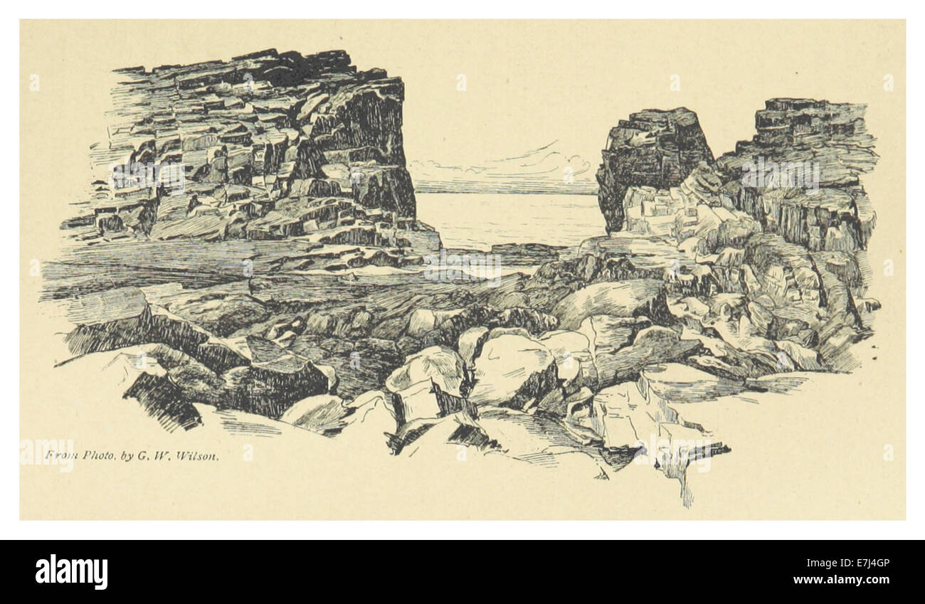 Eine Illustration von Sinclair aus dem Jahr 1890 mit dem Titel „The Grind of the Navir, Hillswick“. Das Bild zeigt eine Szene aus dem Dorf Hillswick in Shetland, in der die raue Natur und das tägliche Leben der Region festgehalten werden. Stockfoto