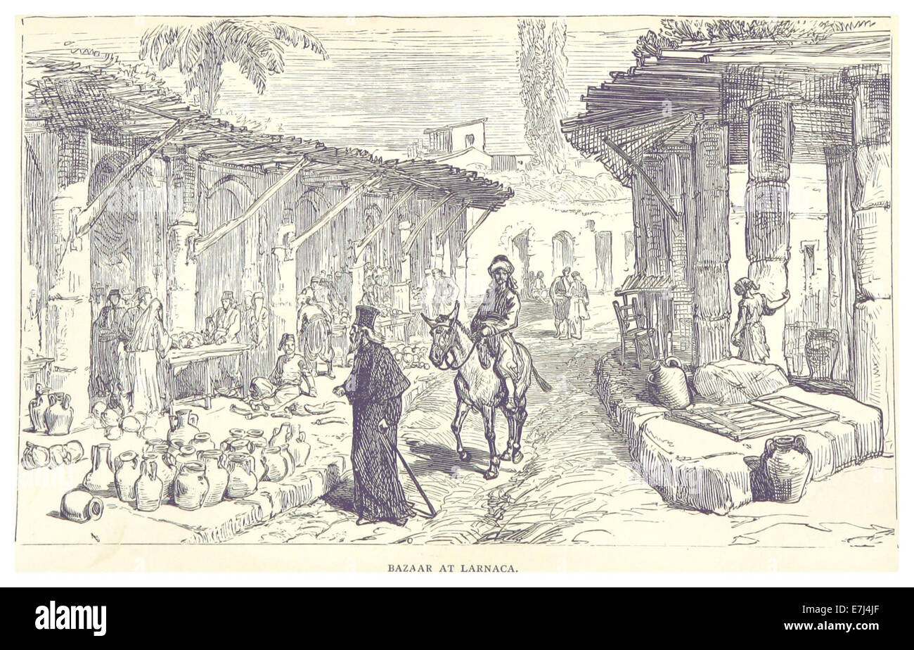 Eine 1880 gezeigte Illustration eines belebten Basars in Larnaka, Zypern, die die lebhafte Marktatmosphäre und den vielfältigen kulturellen Austausch, typisch für die Handelszentren des Nahen Ostens aus dem 19. Jahrhundert, einfängt. Stockfoto