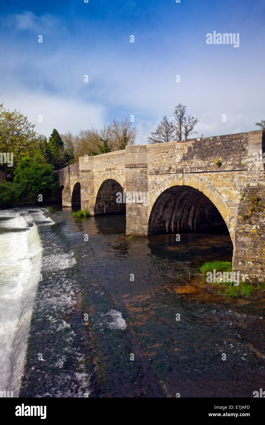 Die historische Brücke und Wehr auf den Fluß Teme in Leintwardine (die römische Siedlung von Bravonium) in Herefordshire, England UK Stockfoto