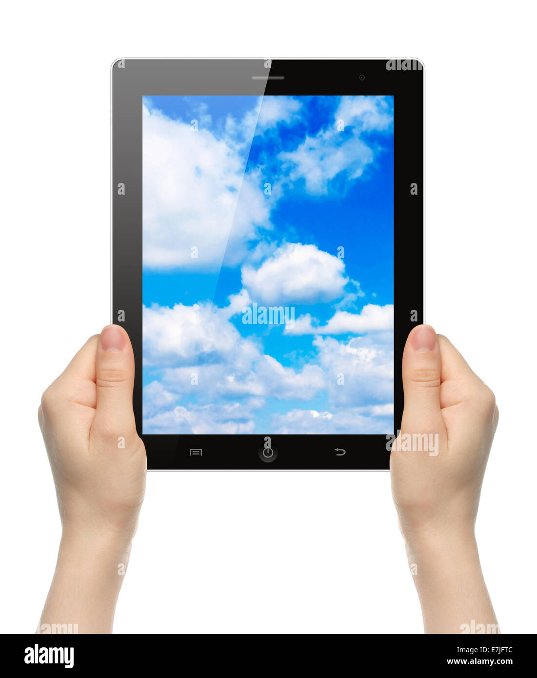 Frau Händen mit Tablet-PC mit Sky auf weißem Hintergrund Stockfoto