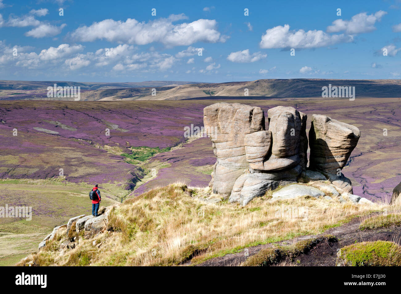 Walker auf freundlichere Scouts Nordrand, mit Blick auf Ashop Moor, Peak District National Park, Derbyshire, England, Vereinigtes Königreich Stockfoto