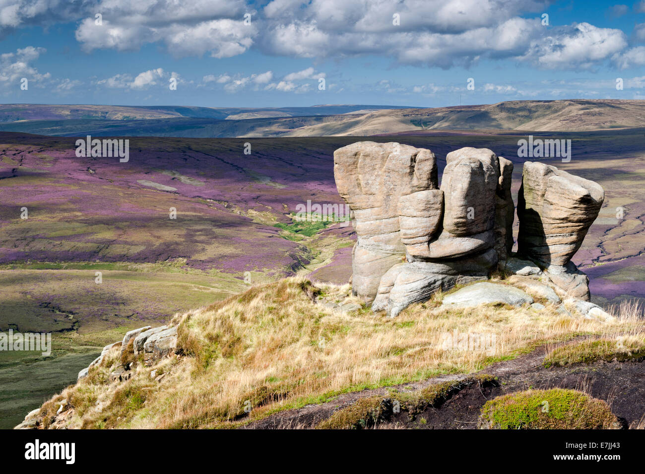 Der Boxhandschuh Steinen mit Blick auf schwarze Ashop Moor, Kinder Scout, Peak District National Park, Derbyshire, England Stockfoto