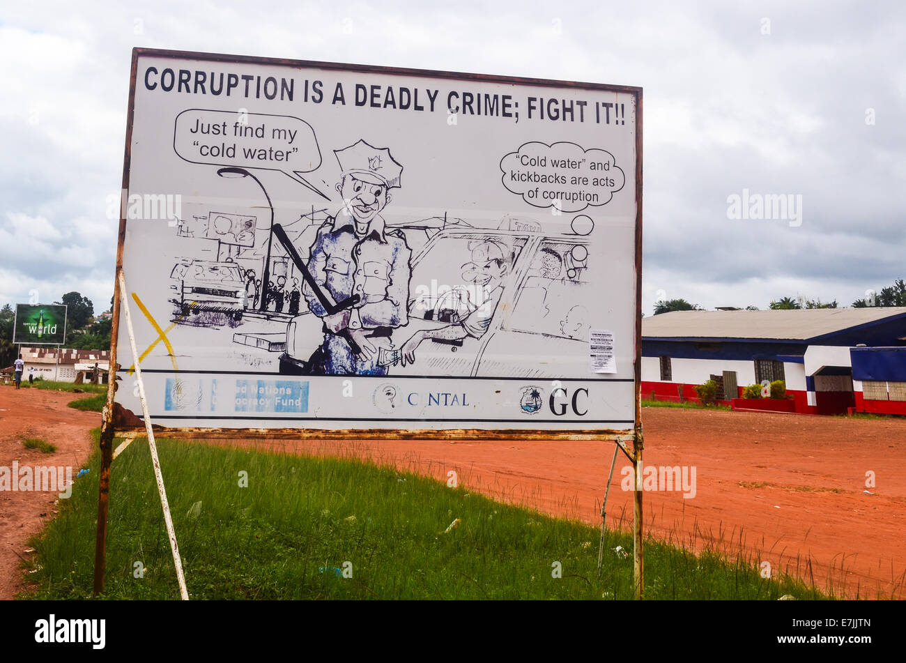 Schild Warnung gegen die Korruption in Liberia, Afrika Stockfoto