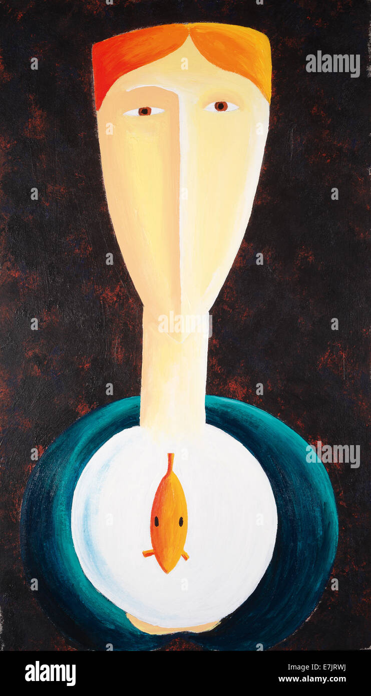 Mensch und Fisch – Surrealistisches abstraktes Porträt mit Fisch – Moderne Konzeptkunst Stockfoto