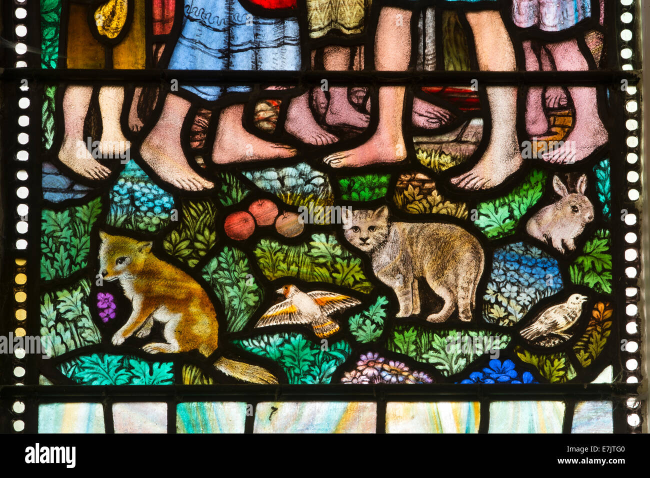 Tiere-Glasmalerei detail, St.-Andreas Kirche, Countesthorpe, Leicestershire, England, UK Stockfoto