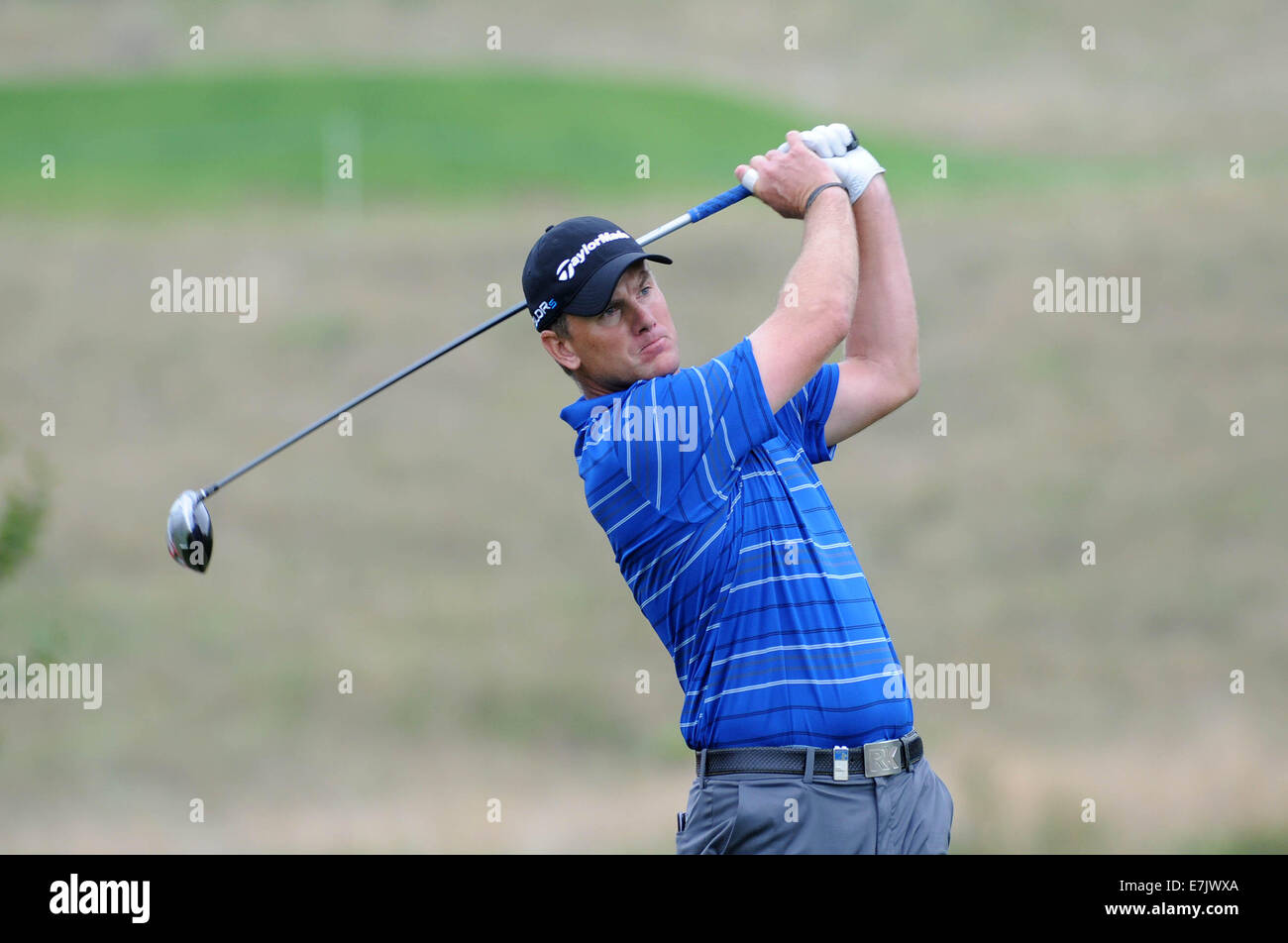 ISPS Handa Wales Open Golf Tag 2: Robert Karlsson am 11. auf dem Celtic Manor-Course in Newport, UK heute Nachmittag abschlägt. Bildnachweis: Phil Rees/Alamy Live-Nachrichten Stockfoto