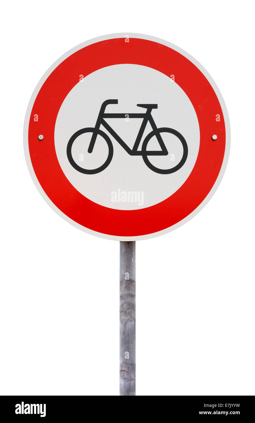 Kein Fahrrad und kein Eintrag für Fahrräder Verkehrszeichen vor weißem Hintergrund Stockfoto