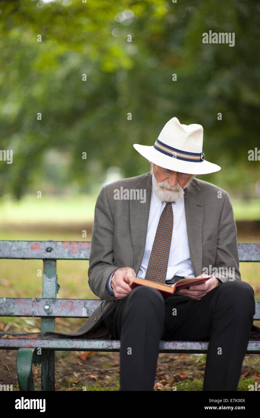 ältere Mann liest ein Buch auf einer Parkbank Stockfoto