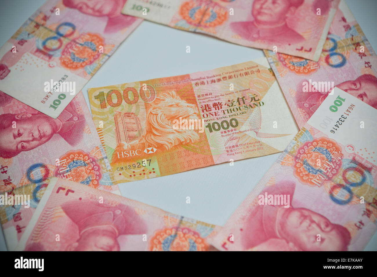 Hong Kong-Dollar-China Yuan Renminbi Beziehung zusammen macht befähigen Kampf asiatischen Tigerstaaten asiatischen Drachen Stockfoto
