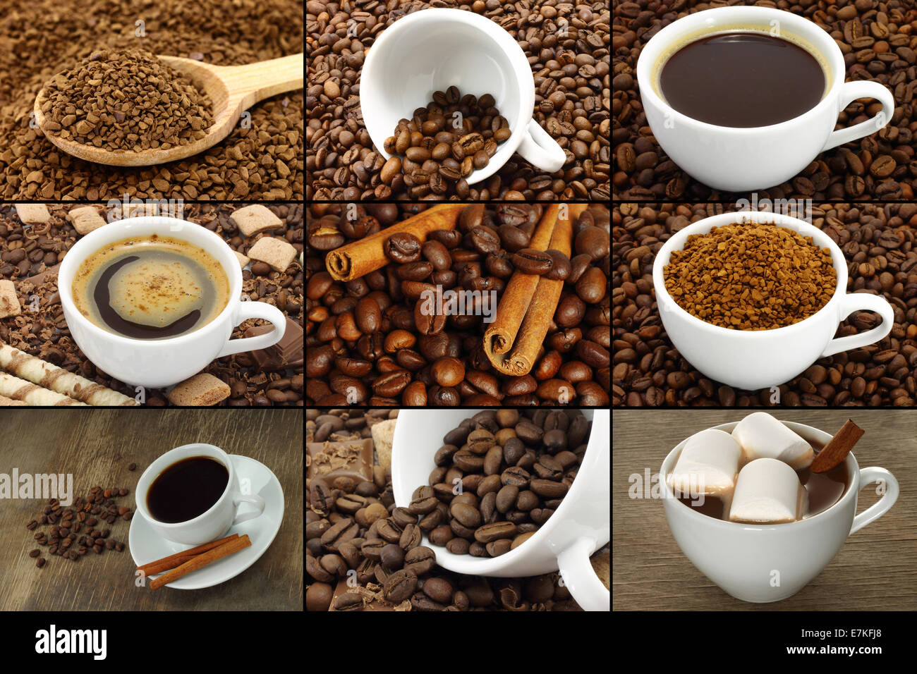 Kaffee Collage mit Bohnen, Zimt und Süßigkeiten Stockfoto
