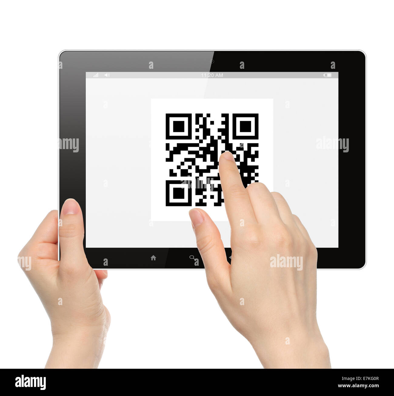 Hand drücken qr-Code auf Tablet-pc auf weißem Hintergrund Stockfoto