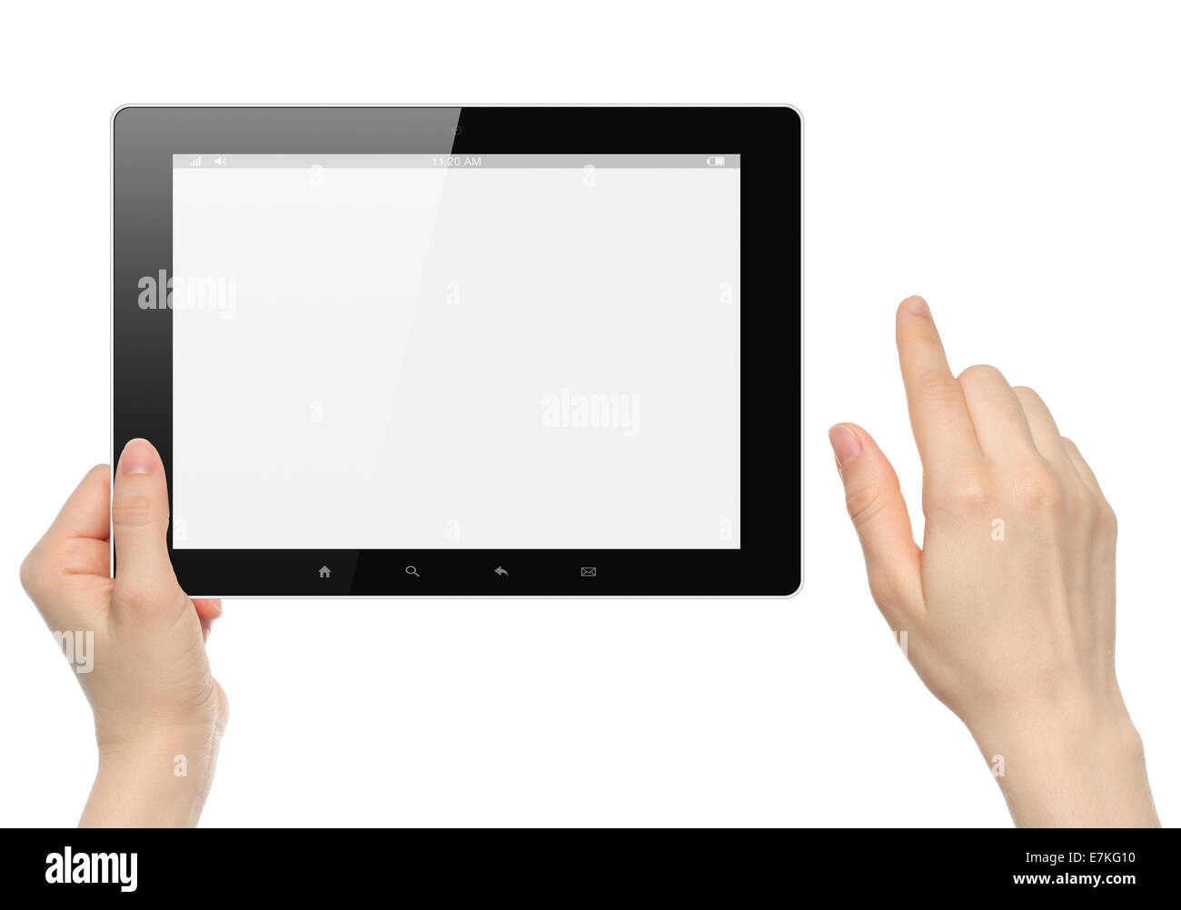 Frau Hände halten und touch Tablet-PC auf weißem Hintergrund Stockfoto