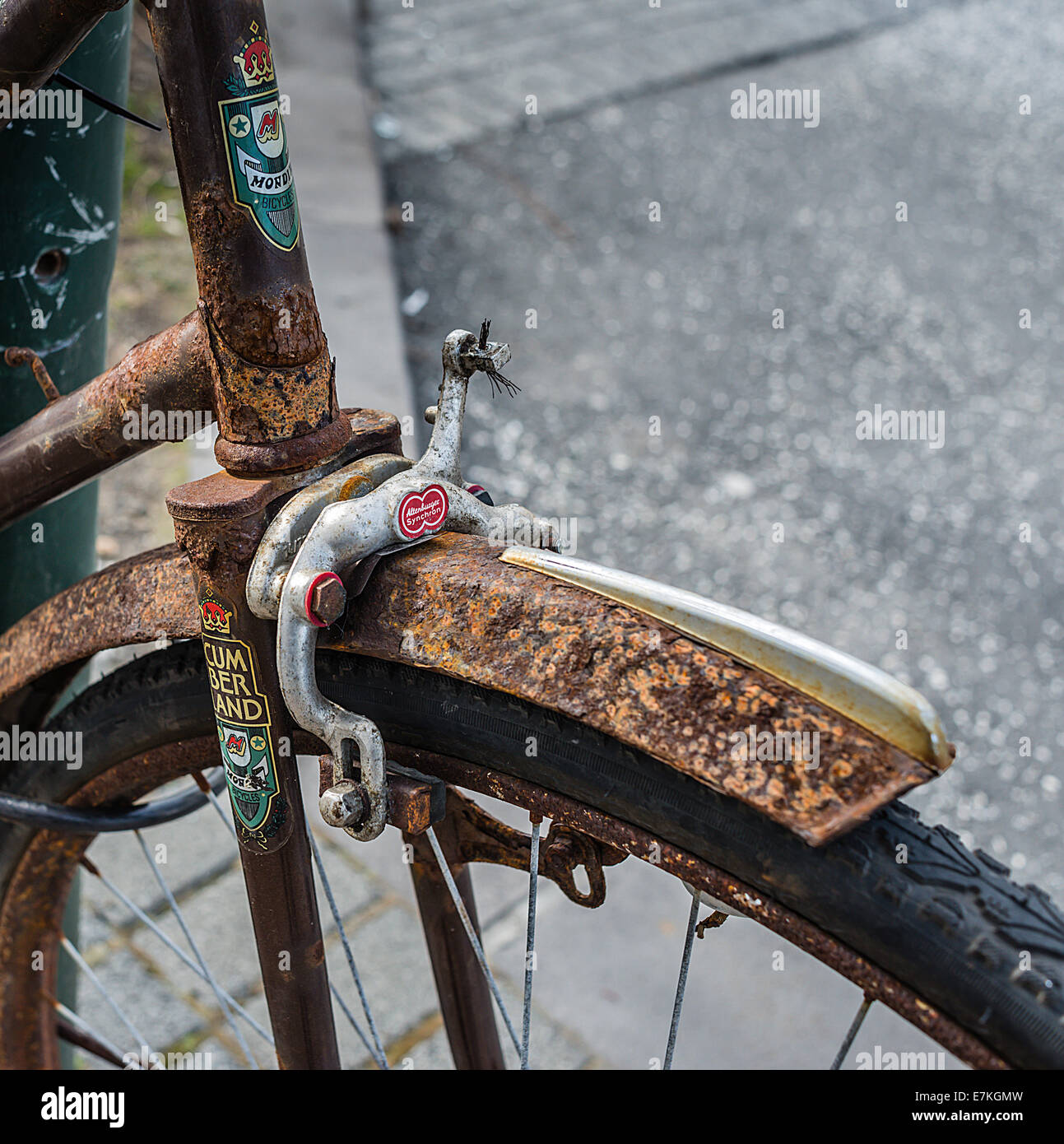 Ein rostiges Fahrrad-Relikt, das bessere Tage gesehen hat. Stockfoto