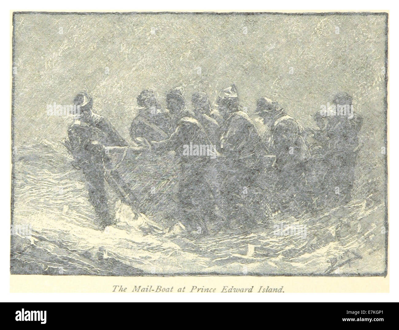 Diese Illustration aus dem Jahr 1885 zeigt das Postboot auf Prince Edward Island und zeigt die maritime Kultur der Insel und die wichtige Rolle der Postboote für die regionale Kommunikation im 19. Jahrhundert. Stockfoto