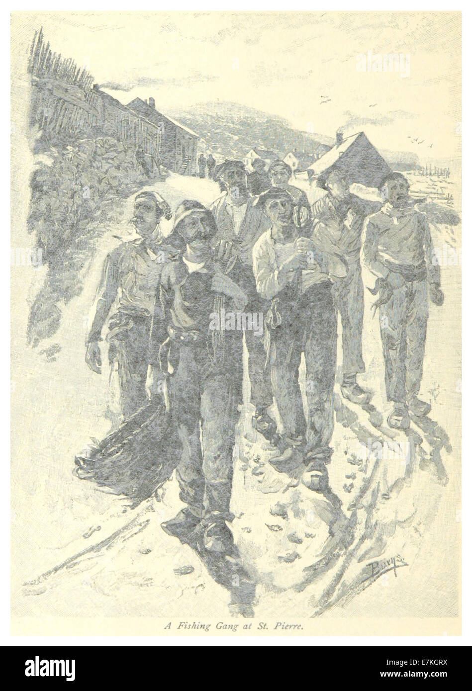 Diese Zeichnung aus dem Jahr 1885 zeigt eine Fischerbande in St. Pierre, die das Leben und die Arbeit der Fischer in der Region darstellt. Die Skizze erfasst die Aktivität, die Umgebung und die lokalen Bräuche während des Zeitraums. Stockfoto