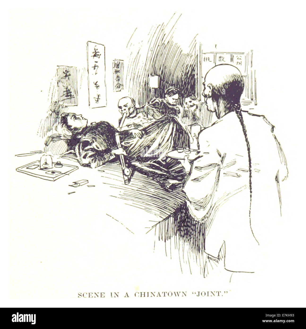 Diese Illustration von Beck aus dem Jahr 1898 fängt eine Szene aus einem Chinatown-Joint ein und spiegelt die soziale und kulturelle Umgebung der chinesisch-amerikanischen Gemeinschaften im späten 19. Jahrhundert wider. Stockfoto