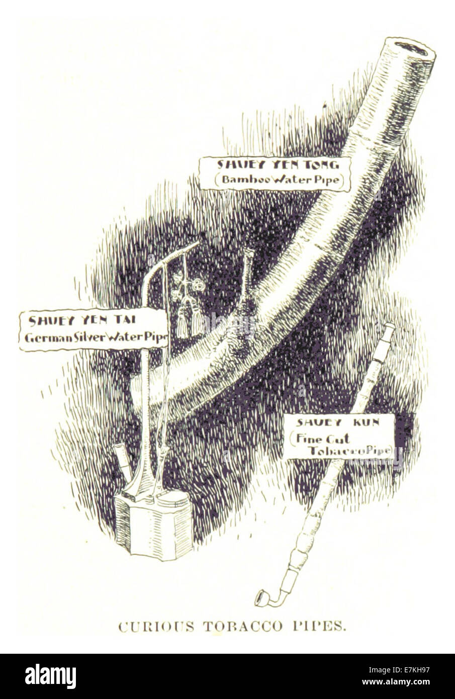 Eine Zeichnung von Beck aus dem Jahr 1898, die kuriose Tabakpfeifen zeigt, die wahrscheinlich verschiedene Stile und Designs zeigen, die zu dieser Zeit populär waren. Stockfoto