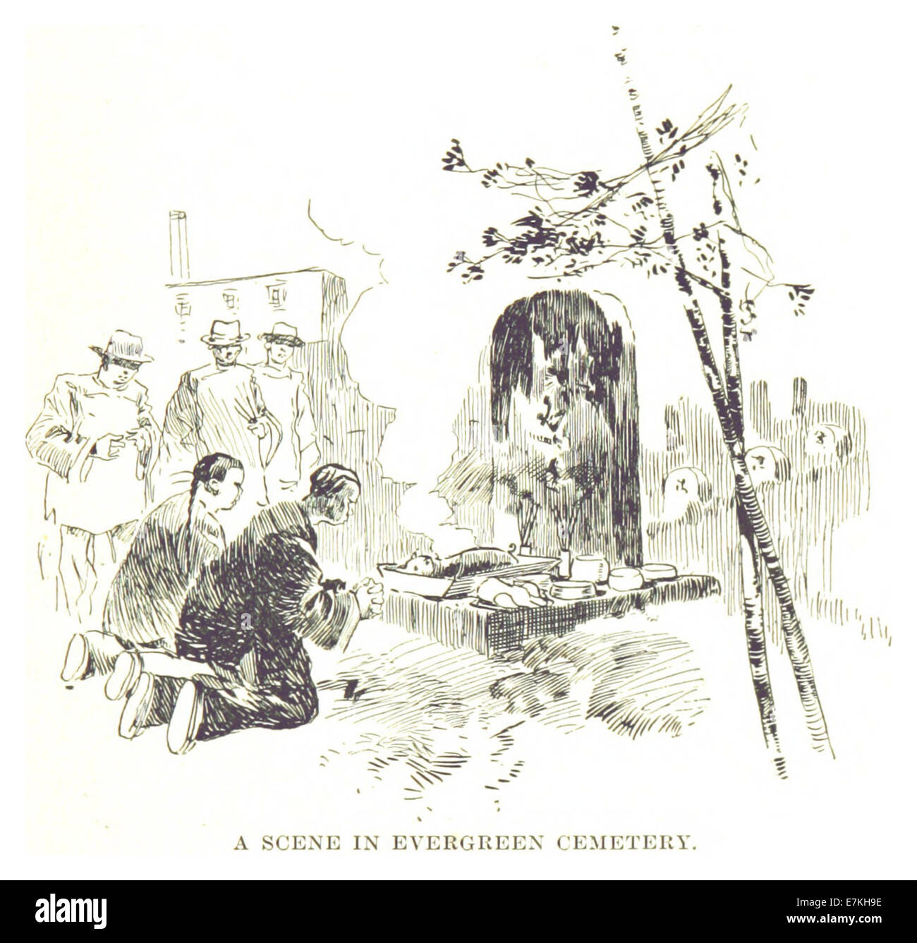 Dieser Entwurf von Beck aus dem Jahr 1898 fängt eine Szene vom Evergreen Cemetery ein und bietet einen ruhigen, reflektierenden Moment in einer historischen Grabstätte. Die Illustration spiegelt die Bedeutung des Friedhofs als Erholungsort und seine Rolle in der Kulturlandschaft der damaligen Zeit wider. Stockfoto