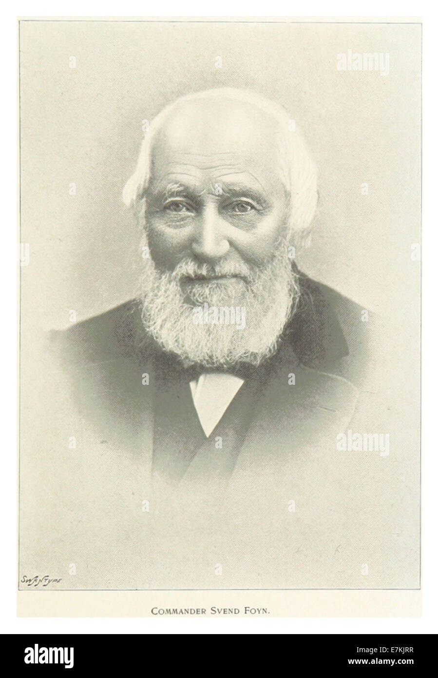 Eine Illustration von Bull aus dem Jahr 1896 mit Commander Svend Foyn, einer bemerkenswerten Figur in der Arktis. Das Bild gibt Einblicke in seine Rolle beim norwegischen Walfang und bei der Erkundung. Stockfoto