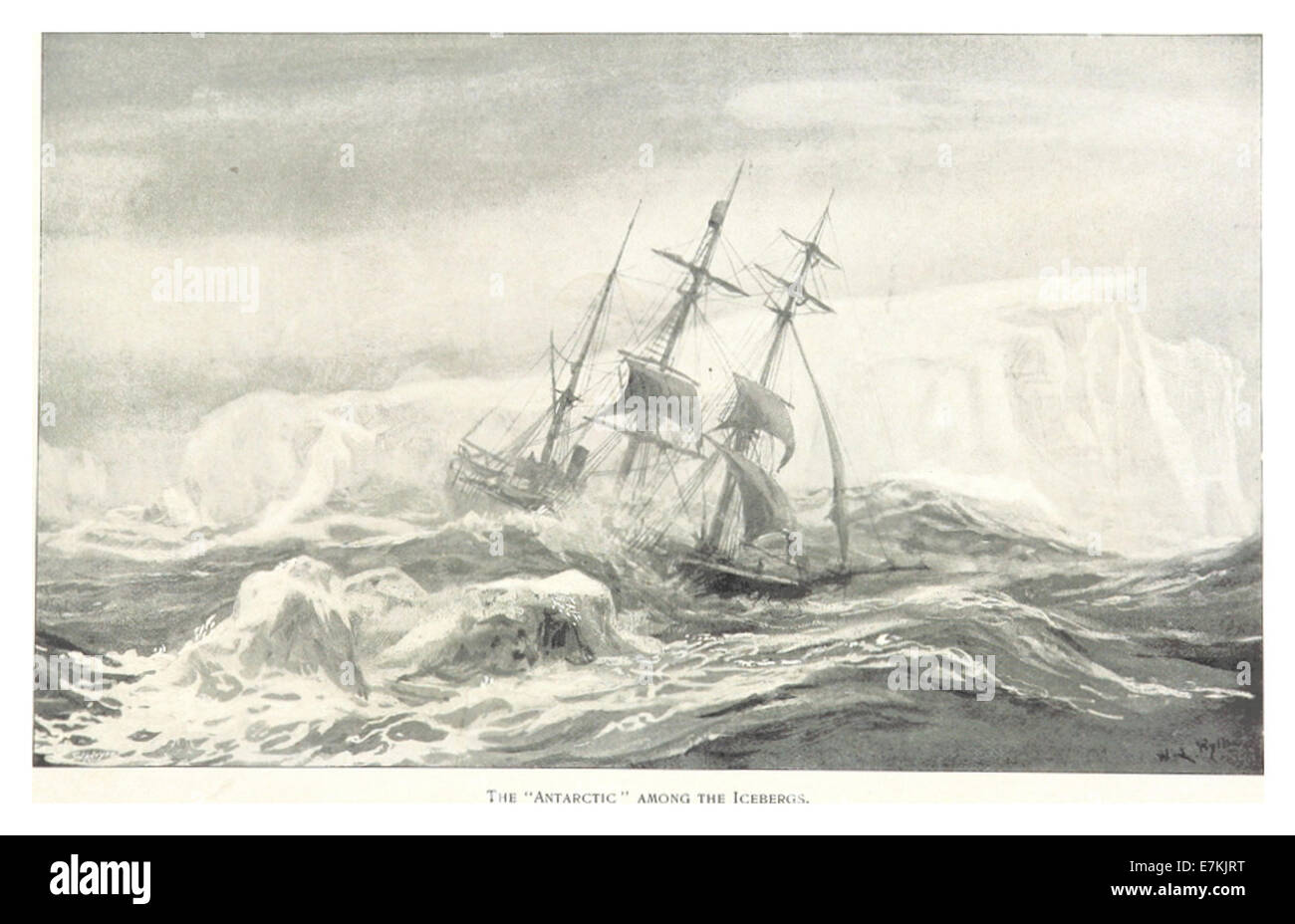 Eine Illustration von Bull aus dem Jahr 1896, die eine Antarktis-Expedition unter Eisbergen darstellt und die frühe Erkundung des gefrorenen Kontinents und die harten Bedingungen, denen die Forscher ausgesetzt sind, beleuchtet. Stockfoto
